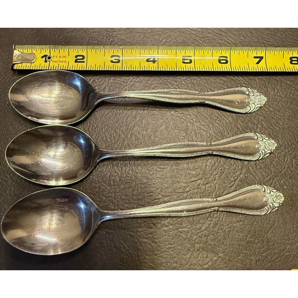 Carlton Japan Stainless Steel Floral Handle Spoon, Glossy Silver 7 in Lot of 3